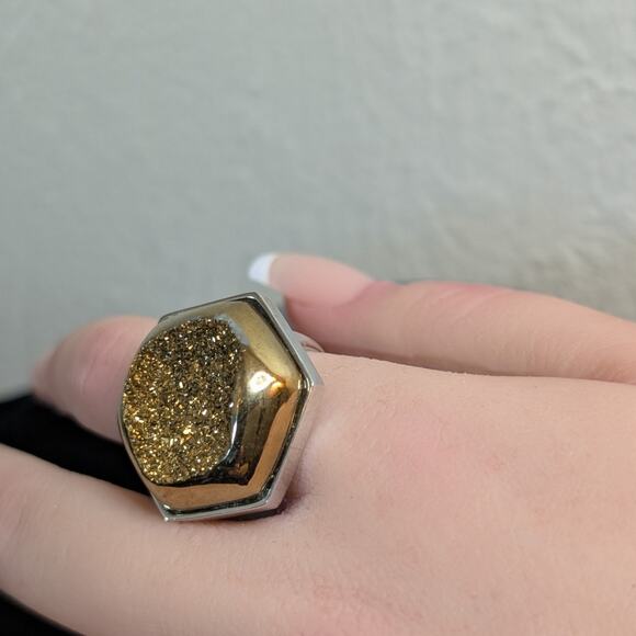 Chunky Hexagon Gold Druzy Quartz Two Tone Sterling Silver Ring Size 8 - Picture 3 of 14